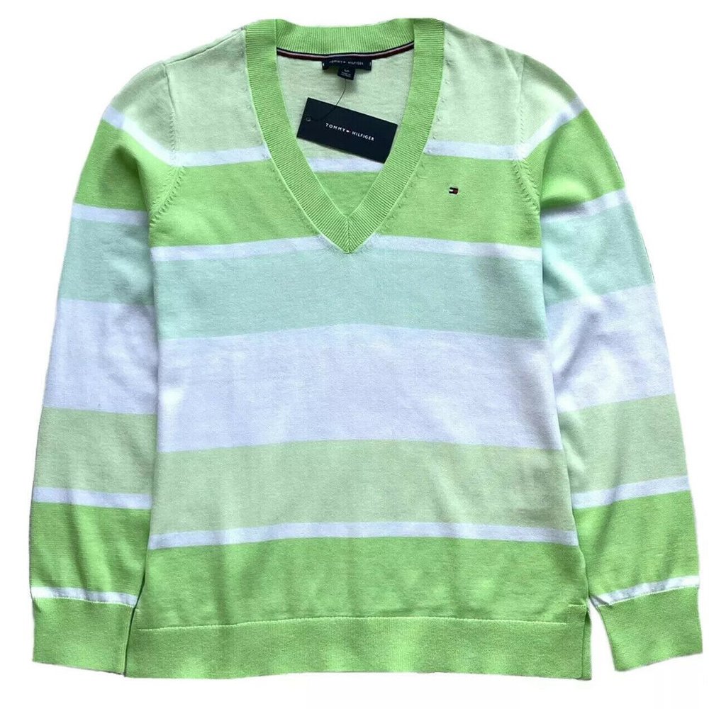 Tommy Hilfiger Women's Striped V-neck Sweater Size: XS